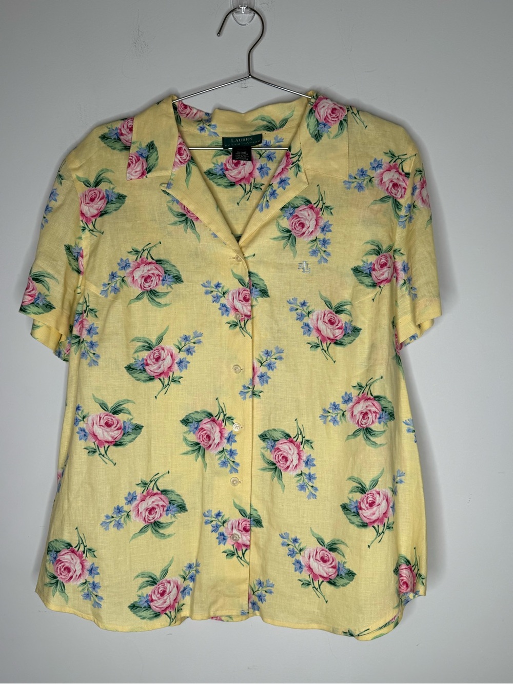 Lauren Ralph Lauren Plus Size 1X Linen Shirt Yellow Pink Roses Coquette Feminine